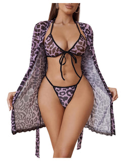 RoseSeek Womens Lace Sheer Leopard Lingerie Set Wireless Halter Triangle Bra and Panty Set with Belted Robe Purple Large