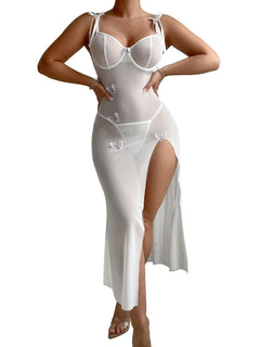 Foxiny Sexy Butterfly Split Leg Underwire Sheer Mesh Maxi Lingerie Dress with Thong 2 Piece Women Slit Push Up See Through Long Pajamas Set Chemise Negligee Nighty NightGown SleepWear White Small