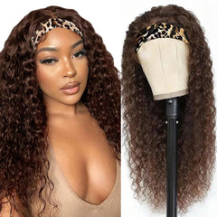 Headband Wig Human Hair Deep Wave Chocolate Brown Human Hair Wigs for Black Women 28 Inch Curly Human Hair Headband Wig Glueless None Lace Front Wigs Brazilian Virgin Hair Wear and Go Wig 150% Density
