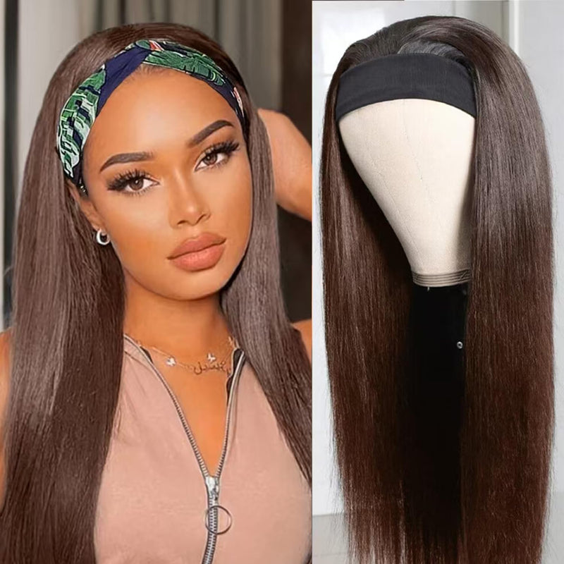 Lauberita Straight Chocolate Brown Headband Wig Human Hair for Women 22-Inch 180% Density Headband Wigs Glueless Human Hair Wig(Straight #4)