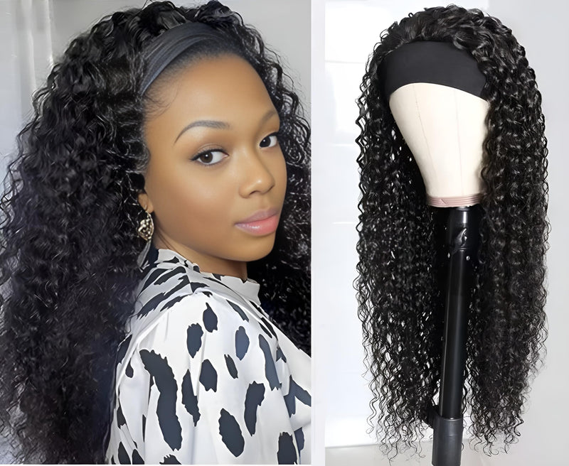 jkahh Curly Headband Wig Human Hair 16Inch Human Hair Headband Wig Glueless Wear and Go Human Hair Headband Wig Curly Human Hair for Black Women Human Hair 150% Density Natural Color