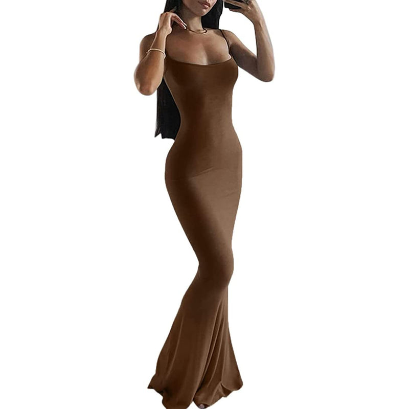 Women Bodycon Long Backless Spaghetti Strap Maxi Date Night Going Out Club Dress Evening Party Sleeveless Fitted Stretchy Dresses Brown Small
