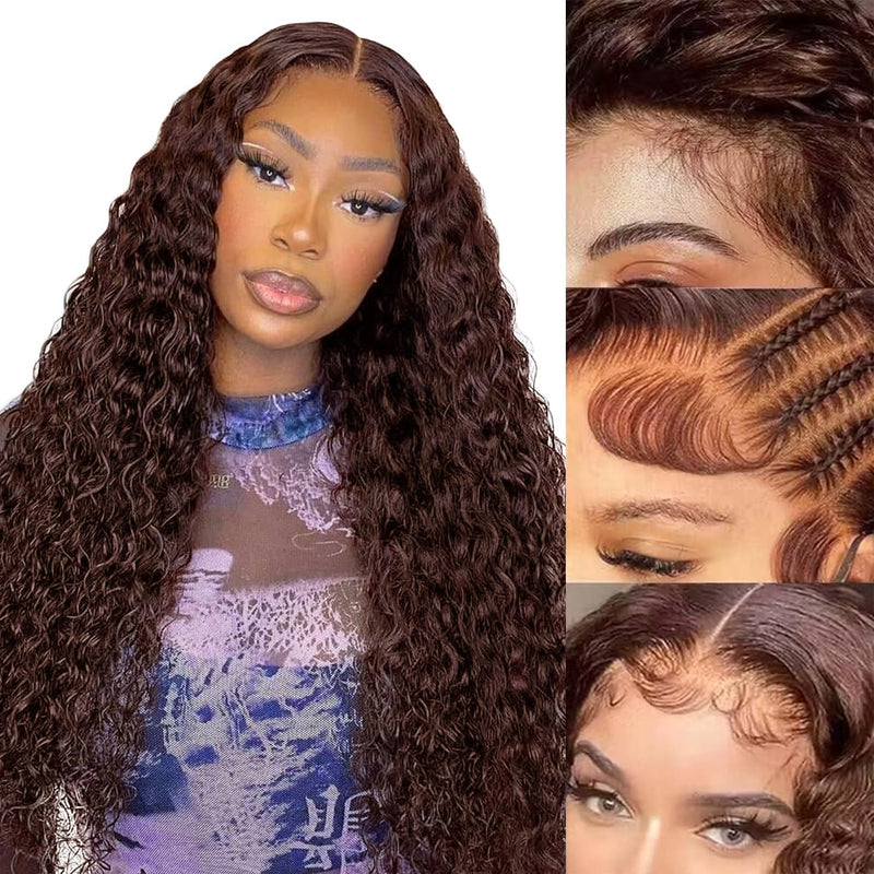 FABA Chocolate Brown Curly Human Hair 28 inch 13X4 Brown Deep Wave Lace Front Human Hair Wig 180% Density Brown Water Wave Wig Pre Plucked with Baby Hair for Women Brown Lace Front Wig
