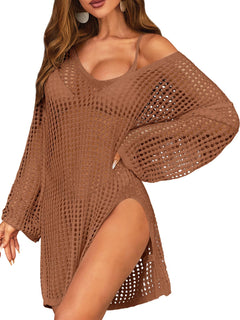 SOCIALA Crochet Swimsuit Cover Up Swim Coverups Side Split Sexy Loose Fit Beach Dresses Crochet Top Coverups Brown XL