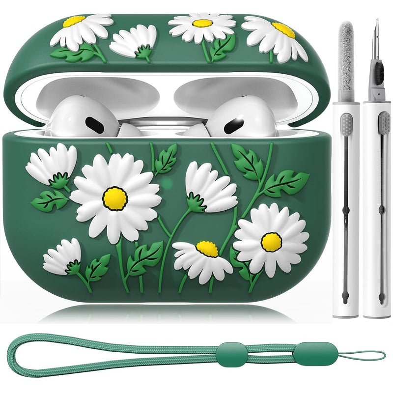 AIRSPO AirPods Pro 2nd Generation Case Cover with Cleaner Kit Flower Engraved Case for AirPod Pro 2nd 1st Generation Charging Case with Lanyard (2023/2022) Green