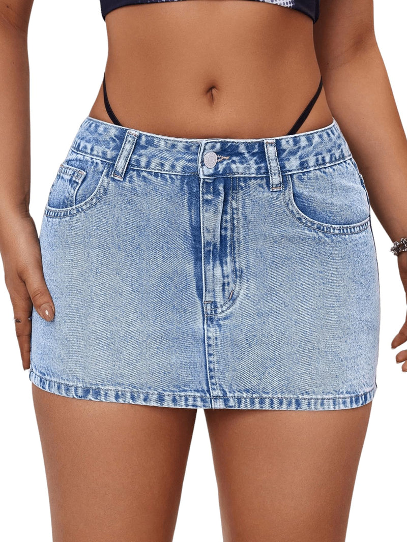 MakeMeChic Womens Casual High Waist Bodycon Jean Skirt Button Zipper Fly Mini Denim Skirt Light Blue A Large